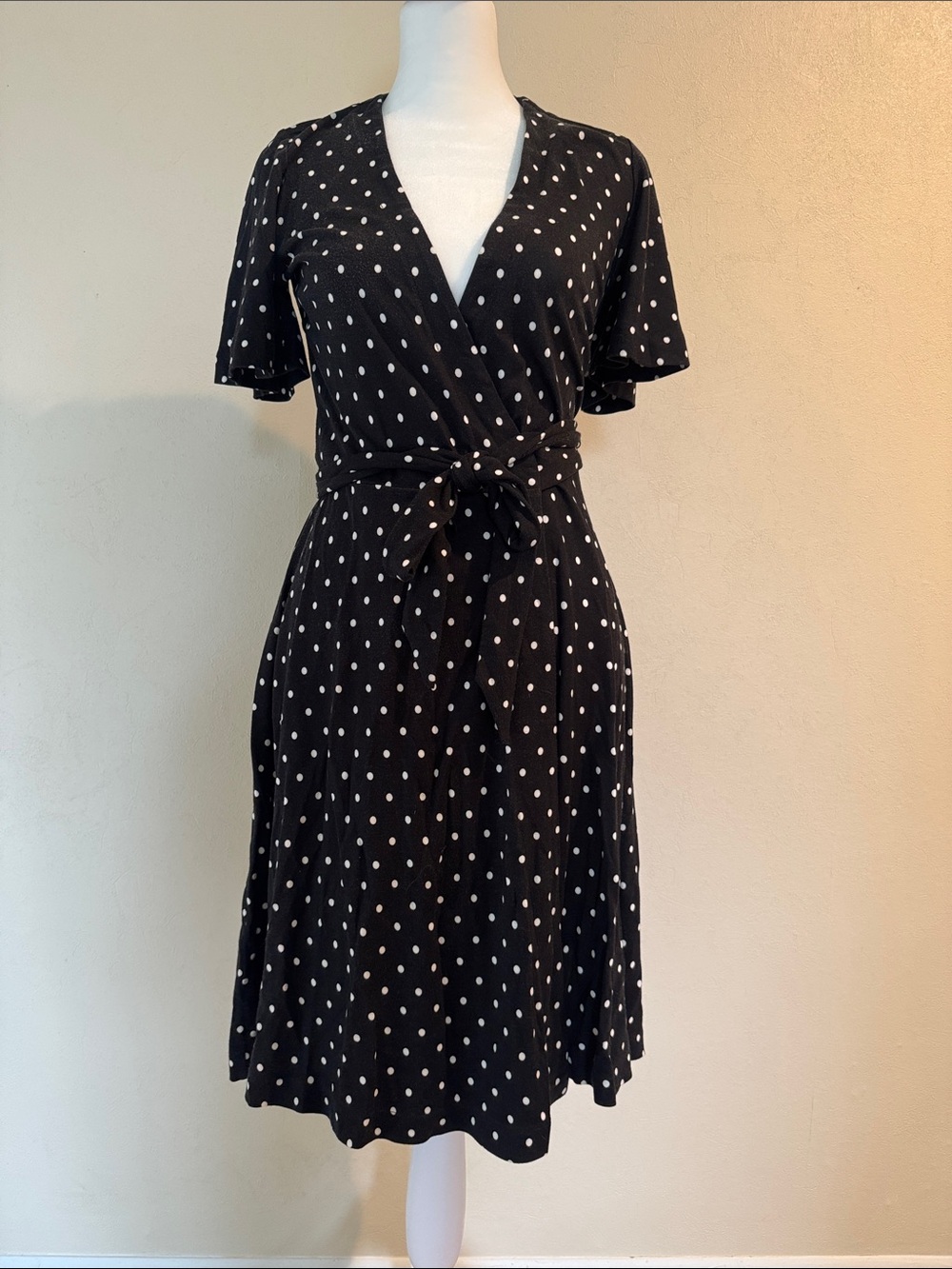Ann Taylor Black Polka Dot Wrap Dress with Tie Waist
